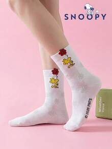 SNOOPY 1雙正版史努比圖案女款白色中筒襪，適合夏季卡通設計時尚襪可愛白色女襪 - 白色 - 查看 11