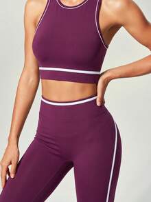 UONNOU Top Cropped Feminino Branco com Decote Redondo e Acabamento Contrastante Sem Mangas & Legging Sem Costura Cintura Alta com Efeito Levanta Bumbum em Formato de Pêssego, Ultra Macio com Elasticidade 4-Way Amigável à Pele - Roxo - Visão 3