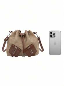 Bolso de cubo mini con cordón para mujer, bolso de hombro acolchado casual para exteriores - Caqui - Ver 7