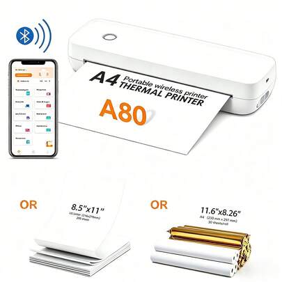 เครื่องพิมพ์ความร้อน A4 แบบพกพาพร้อมชุดกระดาษความร้อน, เครื่องพิมพ์มือถือไร้สายไร้หมึกบลูทูธ, เข้ากันได้กับกระดาษม้วนความร้อน A4 และกระดาษความร้อนพับ 100 แผ่นสำหรับโรงเรียน สำนักงาน การเดินทาง