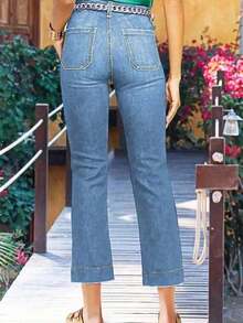 Women's Casual Washed Elastic Straight-Leg Jeans, Spring/Autumn - Light Blue - 查看 3