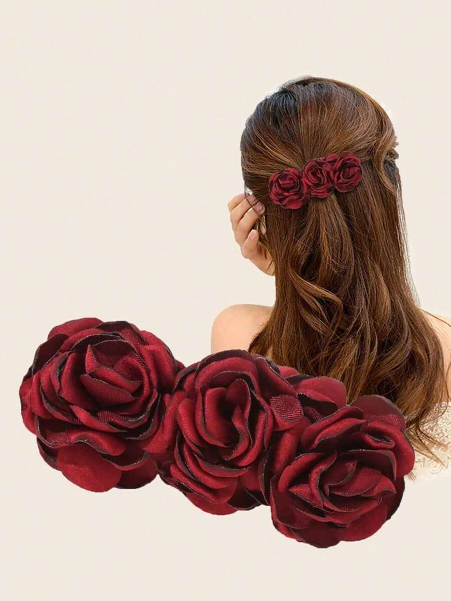 1 pieza Clip para el cabello de flor artificial de primavera, elegante y de moda - Burdeos - Ver 1