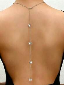 1 pièce Collier chaîne sexy pour le dos, pendentif minimaliste en forme de nœud, accessoire de chaîne pour le corps longue pour femmes, convient pour la fête des mères, les rendez-vous, les vacances, le port quotidien, les fêtes, cadeau d'anniversaire - Papillon - Voir 2