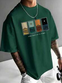 Compatible With The Minimalist Printed Short-Sleeved T-Shirt For Men, Comfortable And Breathable, Suitable For Summer, Fashionable. - 墨綠色 - 查看 2
