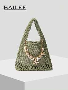 一套涤纶线钩网眼底多色纯色针织手提包菱格纹轻便便携大容量可爱时尚绗缝包沙滩包，适合女性、新人及白领，可作为教师节礼物/送给女孩、少女的礼物，也适合商务/通勤/工作/办公室、节日/假期/户外/郊游/旅行/徒步/体育场/运动/登山等场合，适合夏季、秋季和冬季，是秋季必备单品。 - 橄欖綠 - 查看 2