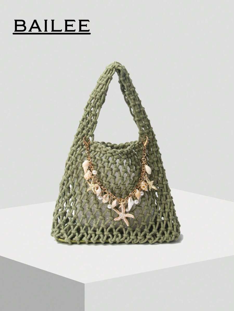 一套涤纶线钩网眼底多色纯色针织手提包菱格纹轻便便携大容量可爱时尚绗缝包沙滩包，适合女性、新人及白领，可作为教师节礼物/送给女孩、少女的礼物，也适合商务/通勤/工作/办公室、节日/假期/户外/郊游/旅行/徒步/体育场/运动/登山等场合，适合夏季、秋季和冬季，是秋季必备单品。