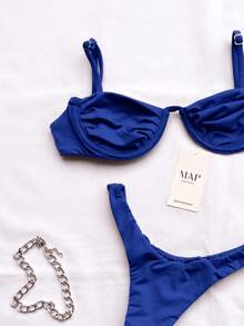 Underwire Bikini With Half-Cup Bra And Thong Bottom With Adjustable Straps. - Blue Hoop (hang Glider) - View 2