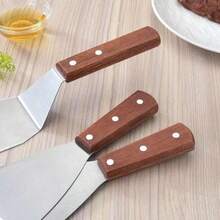1 cái xẻng phẳng 3 cạnh, dụng cụ nấu ăn nhà bếp, xẻng làm bánh kếp Teppanyaki cán gỗ bằng thép không gỉ - Bạc - Xem 2