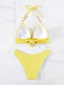 Swim Summer Beach Mono Bikini Set Chain Linked Halter Push Up Bra & Bikini 2 Pieces Bikini - Yellow - View 3