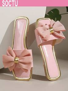 Sandalias planas de punta cuadrada con lazo rosa, estilo vacacional, sandalias de playa de una tira para mujer, de moda y versátiles - Rosa Pálido - Ver 1