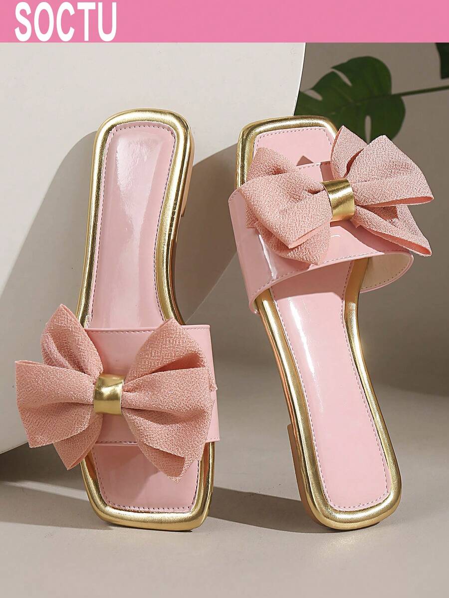 Sandalias planas de punta cuadrada con lazo rosa, estilo vacacional, sandalias de playa de una tira para mujer, de moda y versátiles - Rosa Pálido - Ver 1