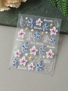 2片装5D立体海星和百合花美甲贴纸，卡通时尚夏季花卉金色海星海滩度假美甲装饰 - 彩色 - 查看 8