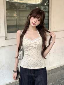 夏季蕾丝边碎花露背修身吊带背心 - 杏色 - 查看 5