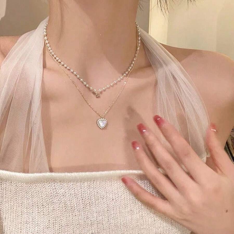1 chiếc vòng cổ ngọc trai nhiều lớp sang trọng, thanh lịch, tinh tế, đính đá mắt mèo, thích hợp cho phụ nữ đeo hàng ngày, dự tiệc, lễ kỷ niệm và các ngày lễ. - Vàng - Xem 1