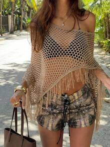 2026 Spring/Summer New Irregular Cut Design Fringe Trim Cardigan For Women.Perfectly Pairs With Camisole, Shorts To Showcase Casual Relaxed Vibe.Suitable For Party, Daily Casual, Beach, Vacation, Street Style And Other Occasions.Versatile Knit Sweater. - 駝色 - 查看 11