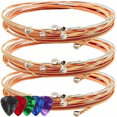 6pcs Red Copper-Colored Guitar Metal Strings With 5pcs 0.5mm SLL Pick For Folk Guitar Wooden Guitar G1 To G2 Universal Replacement String Musical Instrument Accessories