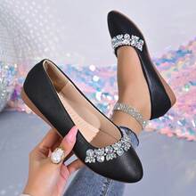 Spring/Autumn New Rhinestone Shoes Women, Pointed Toe Soft Bottom Grandma Shoes, French Luxury Wedding Bridesmaid Shoes, Non-Slip Comfortable Loafers, Versatile Commuter Plus Size Flat Shoes - Black - View 1