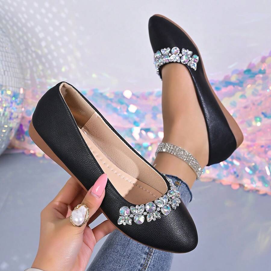 Spring/Autumn New Rhinestone Shoes Women, Pointed Toe Soft Bottom Grandma Shoes, French Luxury Wedding Bridesmaid Shoes, Non-Slip Comfortable Loafers, Versatile Commuter Plus Size Flat Shoes - Black - View 1