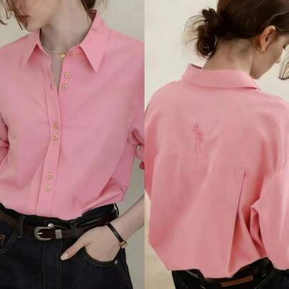 เสื้อเบลาส์แขนยาวลำลองสำหรับผู้หญิง ปักลายด้านหลัง สวมใส่ได้หลากหลาย สไตล์ฤดูใบไม้ผลิ/ฤดูร้อน