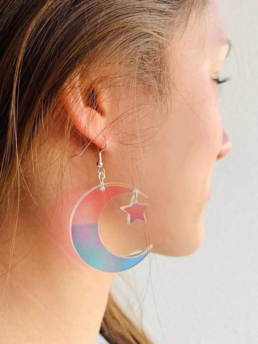 1 Đôi bông tai hình mặt trăng và ngôi sao bằng acrylic, kiểu dáng dễ thương, thích hợp đeo hàng ngày, là món quà sáng tạo dành cho phụ nữ. - Nhiều màu - Xem 1