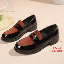 Mocassins Femininos Moda Salto Grosso Bico Redondo Slip-On Tamanhos Grandes, Corrente Metálica Antiderrapante Durável Versátil Confortável Saltos Altos - Preto - Visão 2