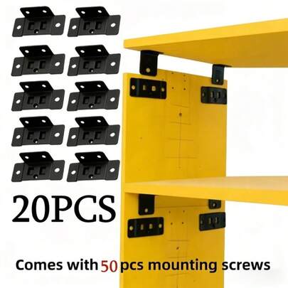 Bộ 20 kẹp + 50 ốc vít kim loại, tấm nối 2 trong 1, đầu nối kệ tủ hình chữ L 90 độ, phụ kiện giá đỡ dày dặn, dễ dàng lắp đặt không cần dụng cụ phức tạp.