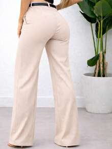 Women's Tailored Wide-Leg Trousers With High Waist And Belt - Màu be - Xem 2