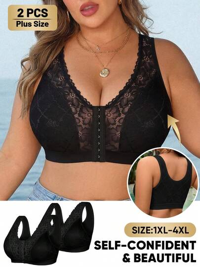 MEIYATING 2pcs Plus Size Women Front Closure Floral Lace Hollow Shoulder Strap Lightweight Breathable Backless Bralette Sexy Wireless Bra, Black