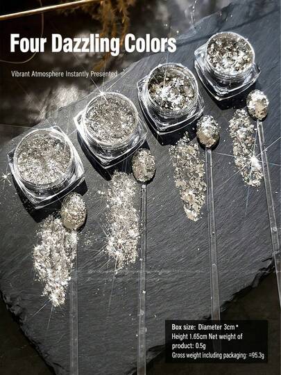 4色玻璃包装银色美甲闪粉，超闪亮全息美甲颜料，不掉屑闪粉，持久碎钻效果，适合DIY美甲家用及美甲沙龙装饰（1克/瓶）