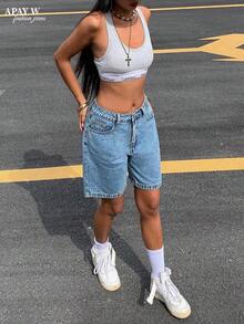 Women's Solid Color Casual Bermuda Denim Shorts, Summer - 輕洗 - 查看 4