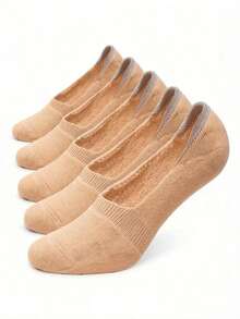 5 Pairs Women's Beige Thick Cotton Low-Cut Non-Slip Invisible Boat Socks - Beige - View 1