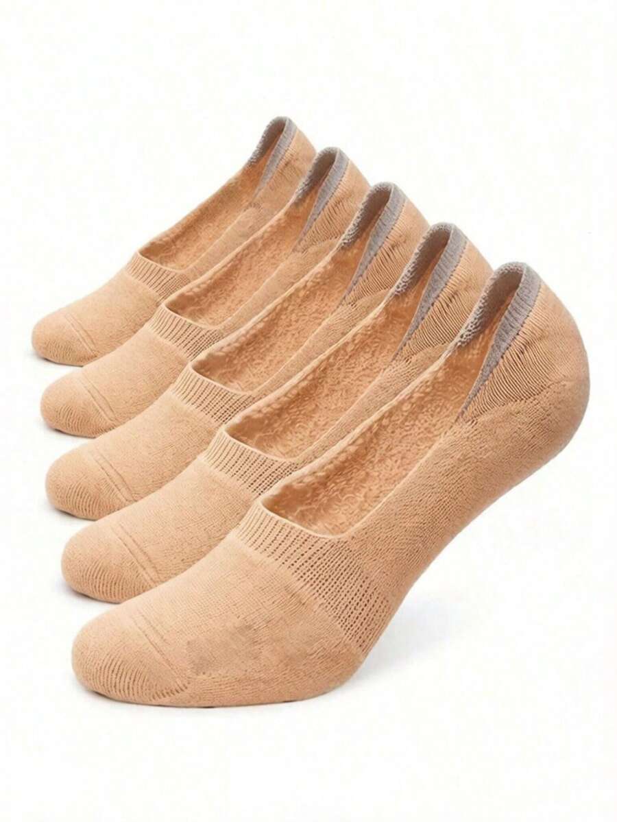 5 Pairs Women's Beige Thick Cotton Low-Cut Non-Slip Invisible Boat Socks - Beige - View 1