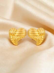 1 Pair Heart-Shaped Fashionable Versatile Elegant Stainless Steel Earrings, Suitable For Daily Wear All Year Round, Mother's Day Gift - Gold - View 3