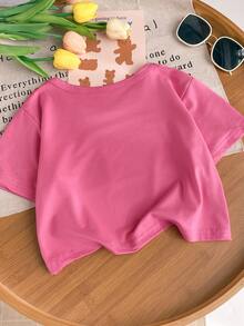 Blusa casual y elegante para niña preadolescente con estampado de leopardo, gráfico de corazón y lema, nueva llegada de primavera/verano - Rosa Fucsia - Ver 3