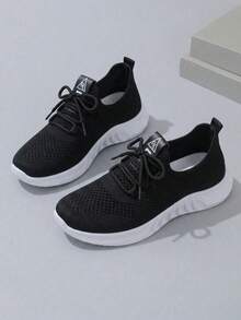 Fall/Winter Women Casual Sports Shoes Mesh Breathable Comfortable Lightweight Lace-Up Sneakers In Solid/Bright Colors, Anti-Slip & Wear-Resistant, Versatile White Shoes For Women - 黑色 - 查看 2
