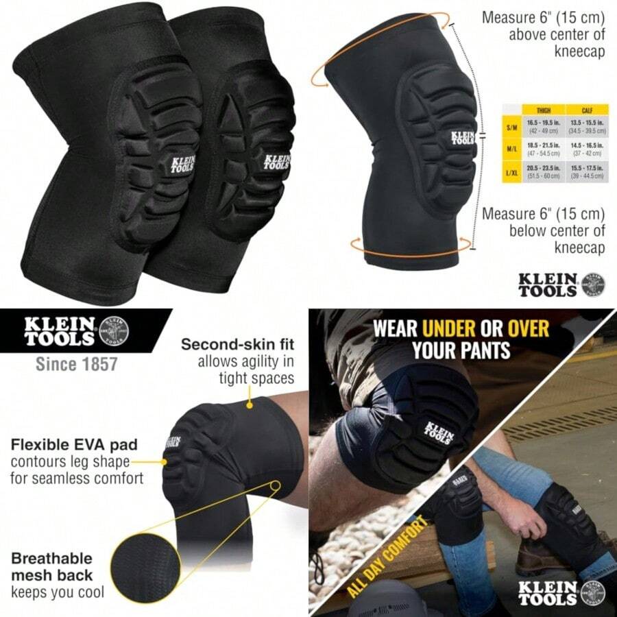 Klein Tools 60492 Knee Pads Lightweight Padded Knee Sleeves Breathable Mesh Back Elastic Cuff with Slip-Resistant Silicone Black M/L - Multi - Ver 1