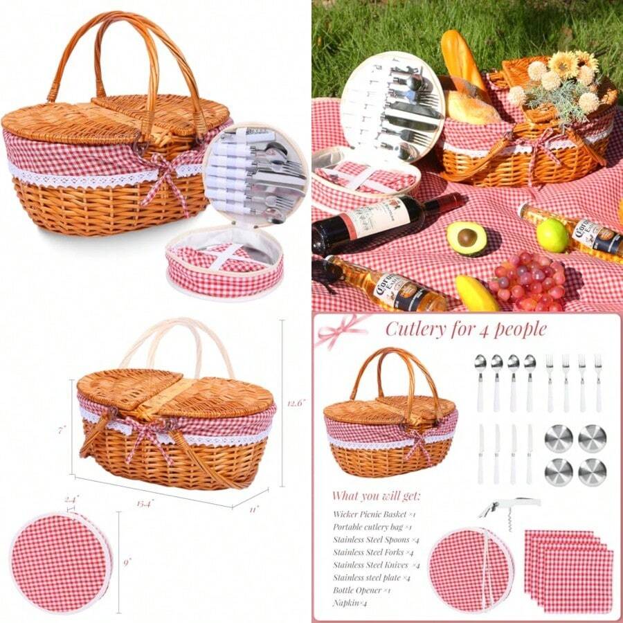 Juego de cesta de mimbre para 4 personas con tapa y asa cesta de picnic con forro lavable y juego de cubiertos para exteriores camping Halloween Navidad y cumpleaños - Rojo y blanco - Ver 1