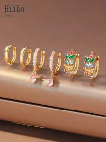 Hihho 6件套粉色系列耳环套装，简约时尚，镶嵌闪亮立方氧化锆，花朵、麦穗、心形耳环，多种款式可选，奢华珠宝耳环礼品 - 金黃色 - 查看 4