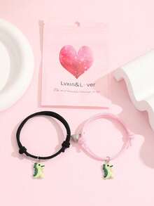 ATLVXJL 2pcs/Set Glow-In-The-Dark Dinosaur Heart Friendship Couple Bracelets, Casual Daily Wear & Valentine's Day Gift - Multicolor - View 2