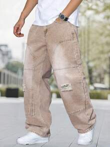 Men's Fashion Distressed Patch Embroidered Wide Leg Jeans - Apricot - View 3