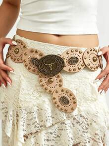 1 pièce Ceinture style western pour femme, ceinture patchwork BOHO, ceinture avec décoration tête de cowboy, ceinture à rivets, ceinture de cowgirl, ceinture épaisse, ceinture Y2K, convient pour les robes, les tenues décontractées, les accessoires western, convient pour les fêtes, les sorties décontractées, les vacances, les rendez-vous, les achats, les cadeaux de Noël, le campus, la rue, la plage, l'été - A - Voir 2