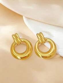 1 Đôi bông tai bằng thép không gỉ thiết kế hình tròn tối giản, kiểu dáng cổ điển, thích hợp đeo hàng ngày quanh năm, quà tặng Ngày của Mẹ. - Vàng - Xem 6