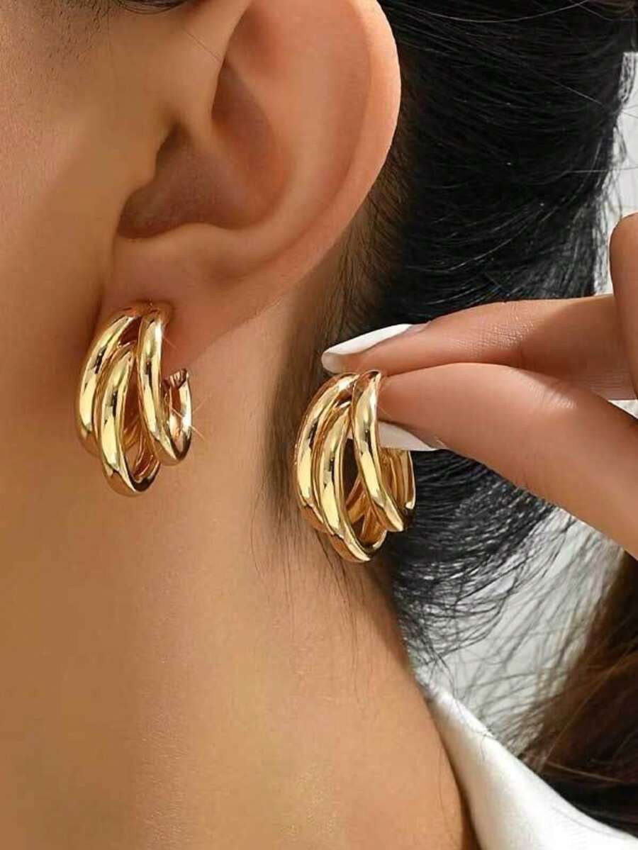 1 Pair C-Shaped 3-Layer Gold Hoop Earrings, Minimalist Twisted Design Earrings, Delicate Jewelry For Women Daily Wear, Great Gift Option - Gold - View 1