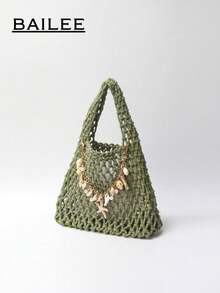 一套涤纶线钩网眼底多色纯色针织手提包菱格纹轻便便携大容量可爱时尚绗缝包沙滩包，适合女性、新人及白领，可作为教师节礼物/送给女孩、少女的礼物，也适合商务/通勤/工作/办公室、节日/假期/户外/郊游/旅行/徒步/体育场/运动/登山等场合，适合夏季、秋季和冬季，是秋季必备单品。 - 橄欖綠 - 查看 12