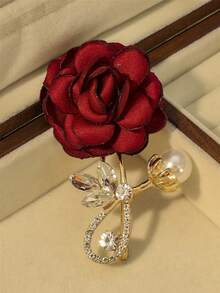 1pc Red Rose Pearl & Rhinestone Brooch For Women - Red - View 3