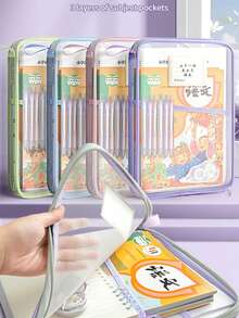 1 pieza Carpeta de archivo grande con apertura en forma de L, material de nailon, 3 compartimentos, bolsillo con cremallera de malla transparente, bolso de mano, organizador de temas, maletín, bolsa de examen, portadocumentos, adecuado para la escuela, estudiantes, regalos de vuelta a la escuela/graduación (estilo y color aleatorios) - Tipo A4-L - Ver 1