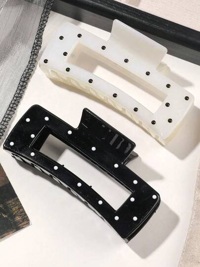 1/2pcs French Square Black & White Polka Dot Hair Clips, Minimalist Elegant Large Size New Versatile Hair Clips, Girly Hair Claw