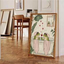 1pc Vintage Cute Frog Couple Pattern Canvas Wall Art, Aesthetic Cartoon Rectangular Poster Heart-Shaped Bathtub Design, Suitable For Bedroom Bathroom Decor Gift, Unframed - Retro - View 6