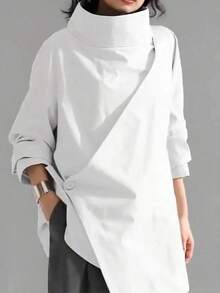 Women's Casual High Neck Loose Pullover Sweater, Solid Color Woven Fabric, Button Decor, Suitable For Office, Daily Wear, Vacation, Spring/Autumn White - White - View 3