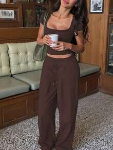 2 Pieces Set For Women: Solid Color Minimalist Short Sleeve Top And Pants, Casual Outfit - Coffee Brown - View 2